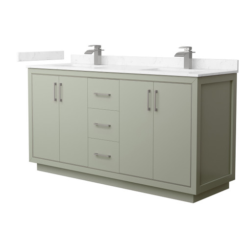 Wyndham WCF111166DLGC2UNSMXX Icon 66 Inch Double Bathroom Vanity in Light Green, Carrara Cultured Marble Countertop, Undermount Square Sinks, Brushed Nickel Trim Wyndham WCF111166DLGC2UNSMXX Icon 66 Inch Double Bathroom Vanity in Light Green, Carrara Cultured Marble Countertop, Undermount Square Sinks, Brushed Nickel Trim