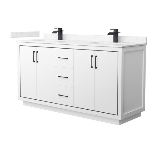 Wyndham WCF111166DWBC2UNSMXX Icon 66 Inch Double Bathroom Vanity in White, Carrara Cultured Marble Countertop, Undermount Square Sinks, Matte Black Trim
