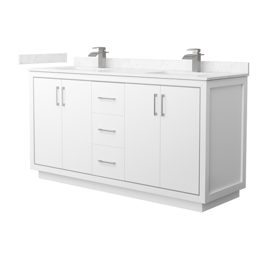 Wyndham WCF111166DWHC2UNSMXX Icon 66 Inch Double Bathroom Vanity in White, Carrara Cultured Marble Countertop, Undermount Square Sinks, Brushed Nickel Trim