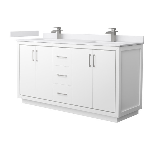 Wyndham WCF111166DWHWCUNSMXX Icon 66 Inch Double Bathroom Vanity in White, White Cultured Marble Countertop, Undermount Square Sinks, Brushed Nickel Trim