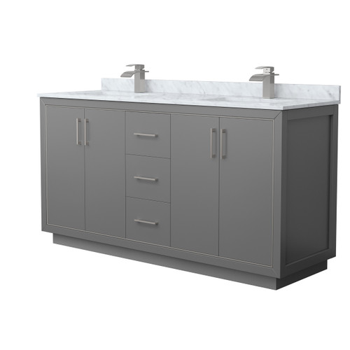 Wyndham WCF111166DKGCMUNSMXX Icon 66 Inch Double Bathroom Vanity in Dark Gray, White Carrara Marble Countertop, Undermount Square Sinks, Brushed Nickel Trim