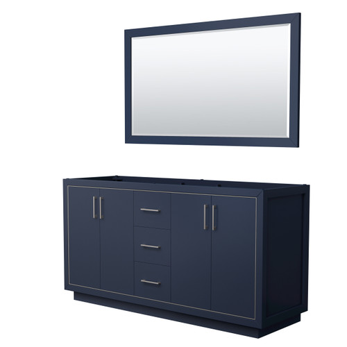 Wyndham WCF111166DBNCXSXXM58 Icon 66 Inch Double Bathroom Vanity in Dark Blue, No Countertop, No Sink, Brushed Nickel Trim, 58 Inch Mirror
