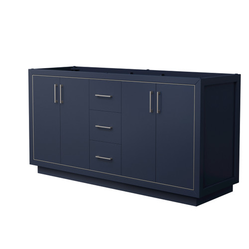 Wyndham WCF111166DBNCXSXXMXX Icon 66 Inch Double Bathroom Vanity in Dark Blue, No Countertop, No Sink, Brushed Nickel Trim