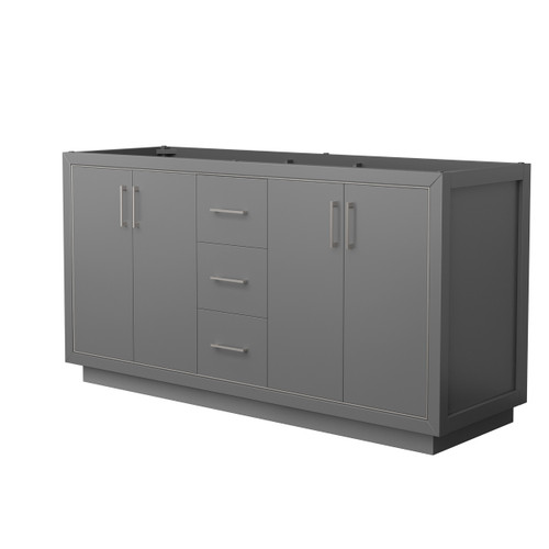 Wyndham WCF111166DKGCXSXXMXX Icon 66 Inch Double Bathroom Vanity in Dark Gray, No Countertop, No Sink, Brushed Nickel Trim