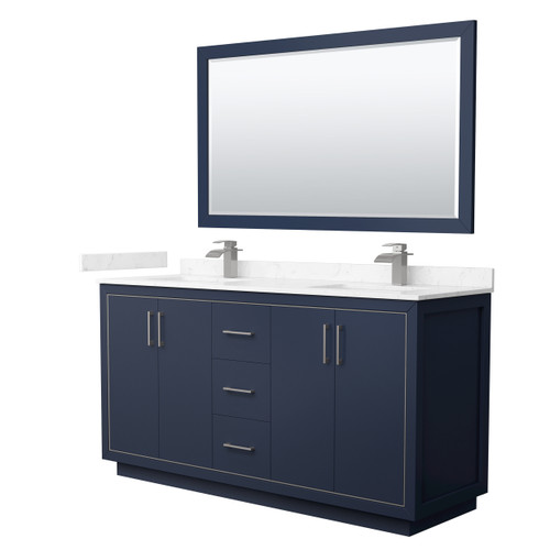Wyndham WCF111166DBNC2UNSM58 Icon 66 Inch Double Bathroom Vanity in Dark Blue, Carrara Cultured Marble Countertop, Undermount Square Sinks, Brushed Nickel Trim, 58 Inch Mirror