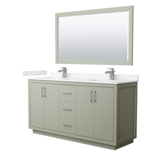 Wyndham WCF111166DLGC2UNSM58 Icon 66 Inch Double Bathroom Vanity in Light Green, Carrara Cultured Marble Countertop, Undermount Square Sinks, Brushed Nickel Trim, 58 Inch Mirror