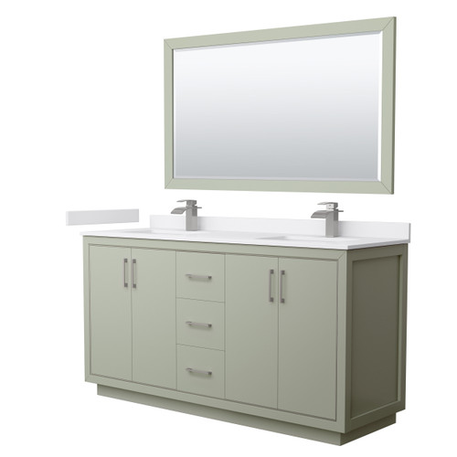 Wyndham WCF111166DLGWCUNSM58 Icon 66 Inch Double Bathroom Vanity in Light Green, White Cultured Marble Countertop, Undermount Square Sinks, Brushed Nickel Trim, 58 Inch Mirror