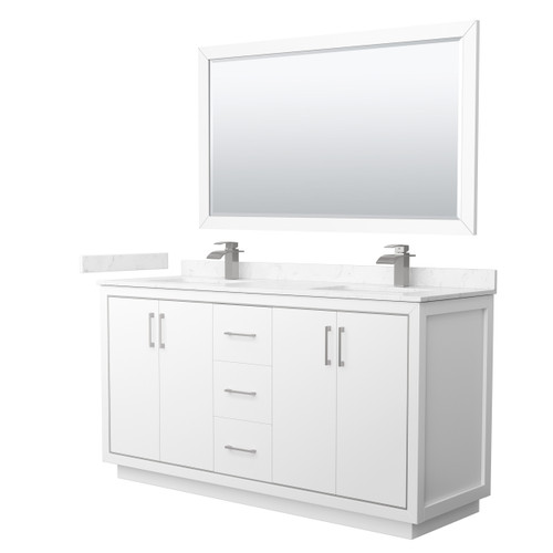 Wyndham WCF111166DWHC2UNSM58 Icon 66 Inch Double Bathroom Vanity in White, Carrara Cultured Marble Countertop, Undermount Square Sinks, Brushed Nickel Trim, 58 Inch Mirror