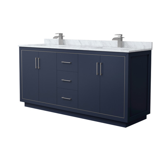 Wyndham WCF111172DBNCMUNSMXX Icon 72 Inch Double Bathroom Vanity in Dark Blue, White Carrara Marble Countertop, Undermount Square Sinks, Brushed Nickel Trim