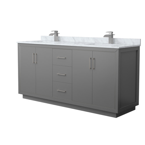 Wyndham WCF111172DKGCMUNSMXX Icon 72 Inch Double Bathroom Vanity in Dark Gray, White Carrara Marble Countertop, Undermount Square Sinks, Brushed Nickel Trim