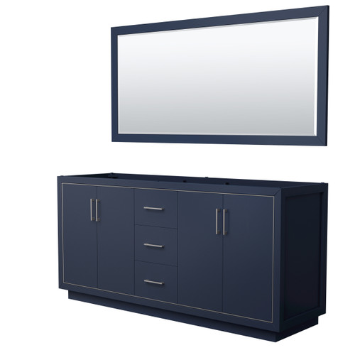 Wyndham WCF111172DBNCXSXXM70 Icon 72 Inch Double Bathroom Vanity in Dark Blue, No Countertop, No Sink, Brushed Nickel Trim, 70 Inch Mirror