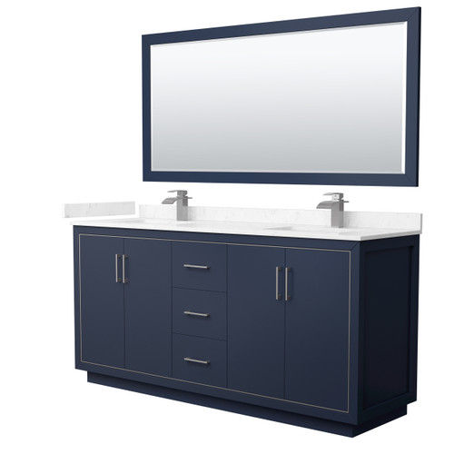 Wyndham WCF111172DBNC2UNSM70 Icon 72 Inch Double Bathroom Vanity in Dark Blue, Carrara Cultured Marble Countertop, Undermount Square Sinks, Brushed Nickel Trim, 70 Inch Mirror