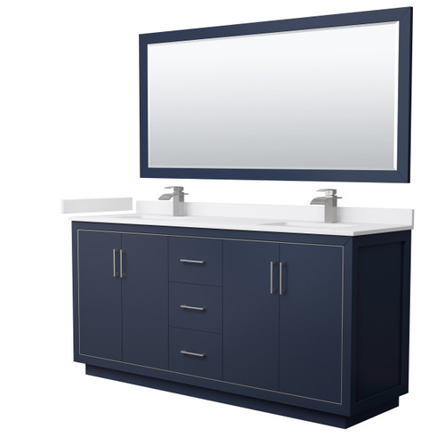 Wyndham WCF111172DBNWCUNSM70 Icon 72 Inch Double Bathroom Vanity in Dark Blue, White Cultured Marble Countertop, Undermount Square Sinks, Brushed Nickel Trim, 70 Inch Mirror
