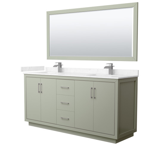 Wyndham WCF111172DLGC2UNSM70 Icon 72 Inch Double Bathroom Vanity in Light Green, Carrara Cultured Marble Countertop, Undermount Square Sinks, Brushed Nickel Trim, 70 Inch Mirror