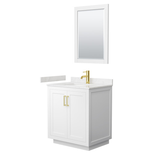 Wyndham WCF292930SWGC2UNSM24 Miranda 30 Inch Single Bathroom Vanity in White, Carrara Cultured Marble Countertop, Undermount Square Sink, Brushed Gold Trim, 24 Inch Mirror