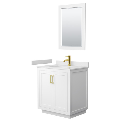 Wyndham WCF292930SWGWCUNSM24 Miranda 30 Inch Single Bathroom Vanity in White, White Cultured Marble Countertop, Undermount Square Sink, Brushed Gold Trim, 24 Inch Mirror
