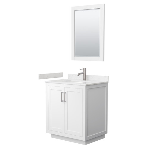 Wyndham WCF292930SWHC2UNSM24 Miranda 30 Inch Single Bathroom Vanity in White, Carrara Cultured Marble Countertop, Undermount Square Sink, Brushed Nickel Trim, 24 Inch Mirror