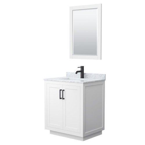 Wyndham WCF292930SWBCMUNSM24 Miranda 30 Inch Single Bathroom Vanity in White, White Carrara Marble Countertop, Undermount Square Sink, Matte Black Trim, 24 Inch Mirror