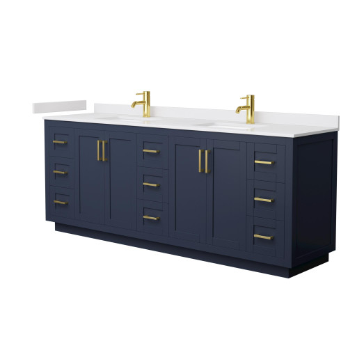 Wyndham WCF292984DBLWCUNSMXX Miranda 84 Inch Double Bathroom Vanity in Dark Blue, White Cultured Marble Countertop, Undermount Square Sinks, Brushed Gold Trim