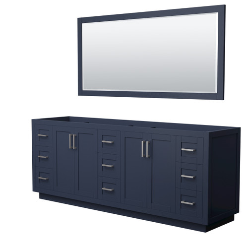 Wyndham WCF292984DBNCXSXXM70 Miranda 84 Inch Double Bathroom Vanity in Dark Blue, No Countertop, No Sink, Brushed Nickel Trim, 70 Inch Mirror