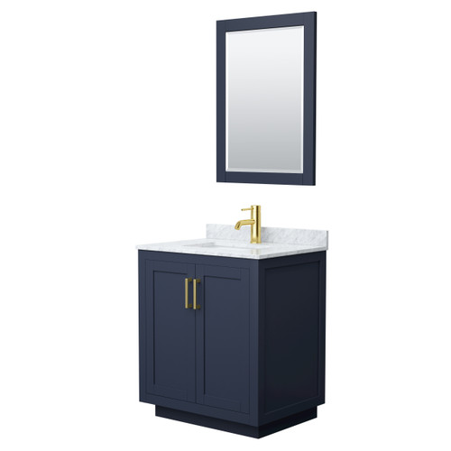 Wyndham WCF292930SBLCMUNSM24 Miranda 30 Inch Single Bathroom Vanity in Dark Blue, White Carrara Marble Countertop, Undermount Square Sink, Brushed Gold Trim, 24 Inch Mirror