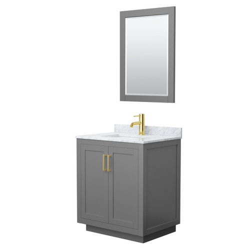 Wyndham WCF292930SGGCMUNSM24 Miranda 30 Inch Single Bathroom Vanity in Dark Gray, White Carrara Marble Countertop, Undermount Square Sink, Brushed Gold Trim, 24 Inch Mirror