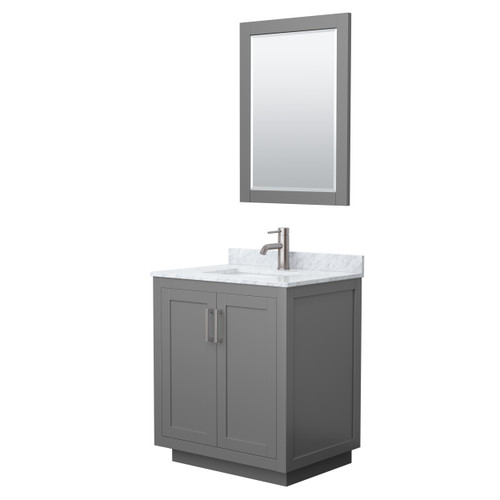 Wyndham WCF292930SKGCMUNSM24 Miranda 30 Inch Single Bathroom Vanity in Dark Gray, White Carrara Marble Countertop, Undermount Square Sink, Brushed Nickel Trim, 24 Inch Mirror