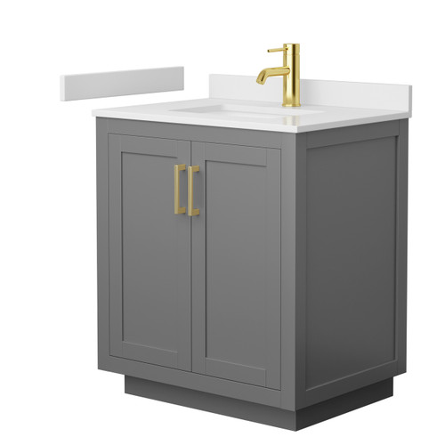 Wyndham WCF292930SGGWCUNSMXX Miranda 30 Inch Single Bathroom Vanity in Dark Gray, White Cultured Marble Countertop, Undermount Square Sink, Brushed Gold Trim