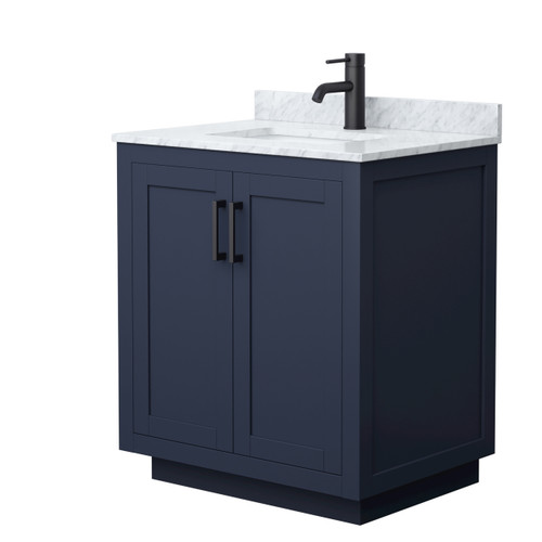 Wyndham WCF292930SBBCMUNSMXX Miranda 30 Inch Single Bathroom Vanity in Dark Blue, White Carrara Marble Countertop, Undermount Square Sink, Matte Black Trim