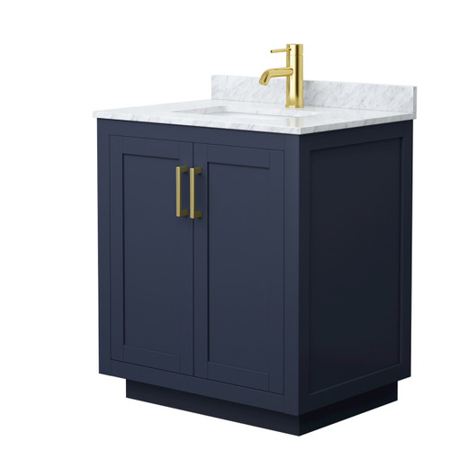 Wyndham WCF292930SBLCMUNSMXX Miranda 30 Inch Single Bathroom Vanity in Dark Blue, White Carrara Marble Countertop, Undermount Square Sink, Brushed Gold Trim