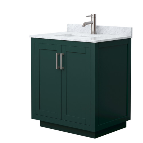 Wyndham WCF292930SGECMUNSMXX Miranda 30 Inch Single Bathroom Vanity in Green, White Carrara Marble Countertop, Undermount Square Sink, Brushed Nickel Trim