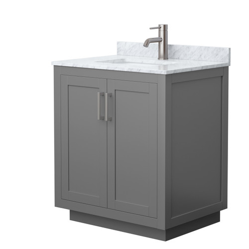 Wyndham WCF292930SKGCMUNSMXX Miranda 30 Inch Single Bathroom Vanity in Dark Gray, White Carrara Marble Countertop, Undermount Square Sink, Brushed Nickel Trim