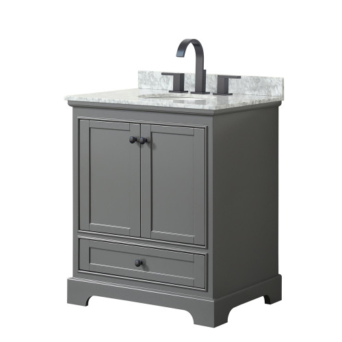 Wyndham WCS202030SGBCMUNOMXX Deborah 30 Inch Single Bathroom Vanity in Dark Gray, White Carrara Marble Countertop, Undermount Oval Sink, Matte Black Trim