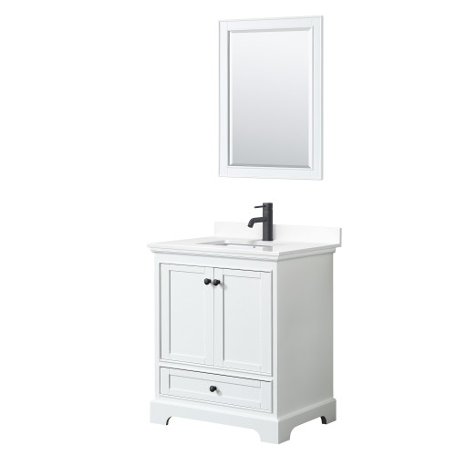 Wyndham WCS202030SWBWCUNSM24 Deborah 30 Inch Single Bathroom Vanity in White, White Cultured Marble Countertop, Undermount Square Sink, Matte Black Trim, 24 Inch Mirror