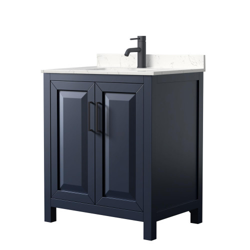 Wyndham WCV252530SBBC2UNSMXX Daria 30 Inch Single Bathroom Vanity in Dark Blue, Carrara Cultured Marble Countertop, Undermount Square Sink, Matte Black Trim