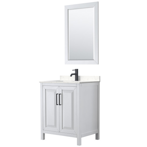 Wyndham WCV252530SWBC2UNSM24 Daria 30 Inch Single Bathroom Vanity in White, Carrara Cultured Marble Countertop, Undermount Square Sink, Matte Black Trim, 24 Inch Mirror