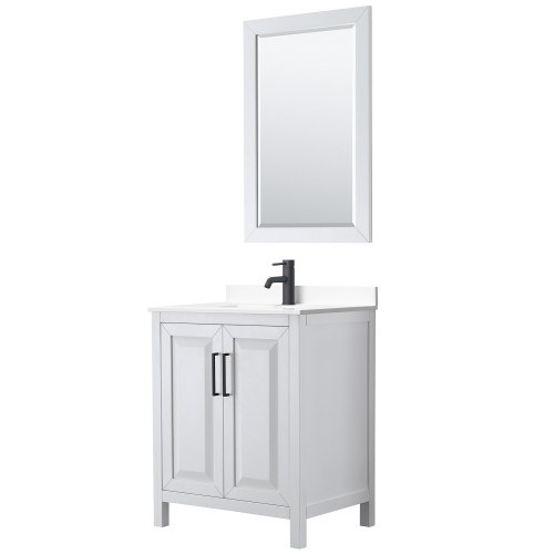 Wyndham WCV252530SWBWCUNSM24 Daria 30 Inch Single Bathroom Vanity in White, White Cultured Marble Countertop, Undermount Square Sink, Matte Black Trim, 24 Inch Mirror