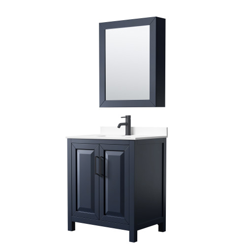 Wyndham WCV252530SBBWCUNSMED Daria 30 Inch Single Bathroom Vanity in Dark Blue, White Cultured Marble Countertop, Undermount Square Sink, Matte Black Trim, Medicine Cabinet