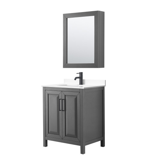 Wyndham WCV252530SGBWCUNSMED Daria 30 Inch Single Bathroom Vanity in Dark Gray, White Cultured Marble Countertop, Undermount Square Sink, Matte Black Trim, Medicine Cabinet