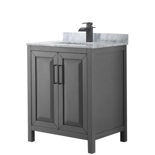 Wyndham WCV252530SGBCMUNSMXX Daria 30 Inch Single Bathroom Vanity in Dark Gray, White Carrara Marble Countertop, Undermount Square Sink, Matte Black Trim