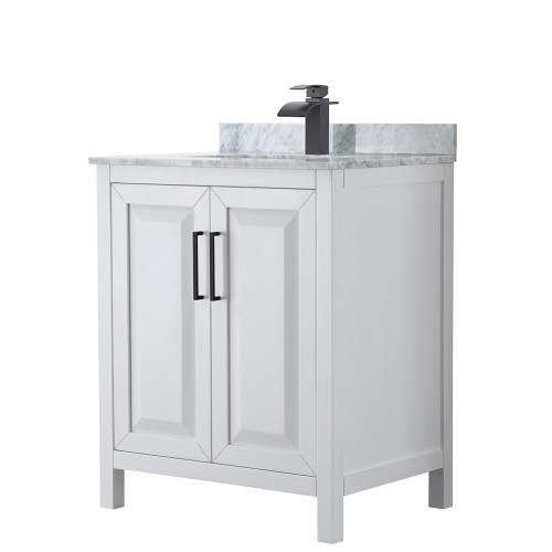 Wyndham WCV252530SWBCMUNSMXX Daria 30 Inch Single Bathroom Vanity in White, White Carrara Marble Countertop, Undermount Square Sink, Matte Black Trim