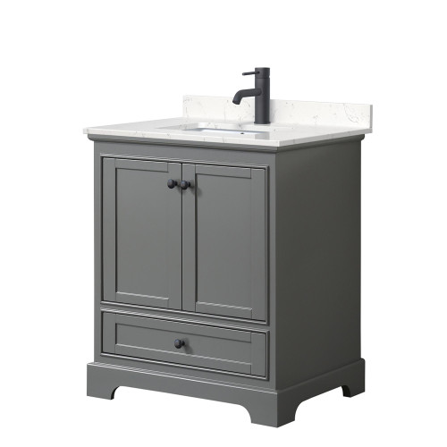 Wyndham WCS202030SGBC2UNSMXX Deborah 30 Inch Single Bathroom Vanity in Dark Gray, Carrara Cultured Marble Countertop, Undermount Square Sink, Matte Black Trim