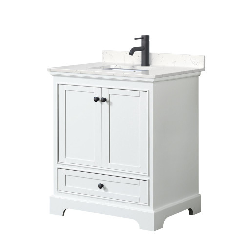 Wyndham WCS202030SWBC2UNSMXX Deborah 30 Inch Single Bathroom Vanity in White, Carrara Cultured Marble Countertop, Undermount Square Sink, Matte Black Trim