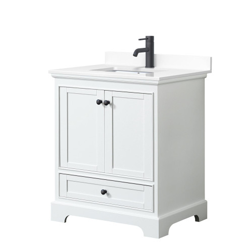 Wyndham WCS202030SWBWCUNSMXX Deborah 30 Inch Single Bathroom Vanity in White, White Cultured Marble Countertop, Undermount Square Sink, Matte Black Trim