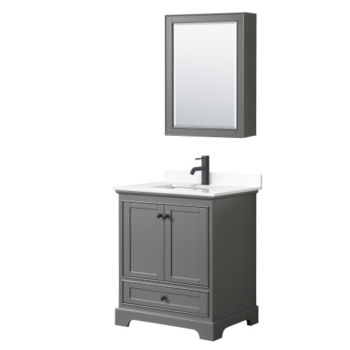 Wyndham WCS202030SGBWCUNSMED Deborah 30 Inch Single Bathroom Vanity in Dark Gray, White Cultured Marble Countertop, Undermount Square Sink, Matte Black Trim, Medicine Cabinet