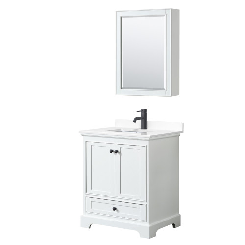 Wyndham WCS202030SWBWCUNSMED Deborah 30 Inch Single Bathroom Vanity in White, White Cultured Marble Countertop, Undermount Square Sink, Matte Black Trim, Medicine Cabinet