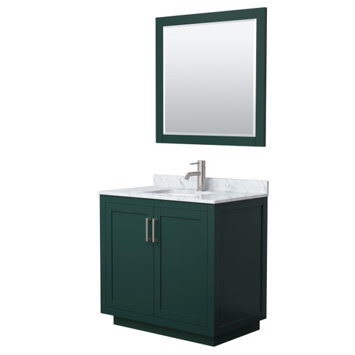 Wyndham WCF292936SGECMUNSM34 Miranda 36 Inch Single Bathroom Vanity in Green, White Carrara Marble Countertop, Undermount Square Sink, Brushed Nickel Trim, 34 Inch Mirror