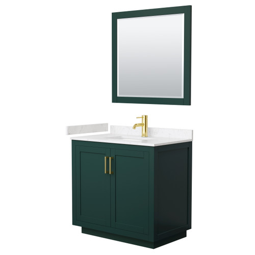 Wyndham WCF292936SGDC2UNSM34 Miranda 36 Inch Single Bathroom Vanity in Green, Carrara Cultured Marble Countertop, Undermount Square Sink, Brushed Gold Trim, 34 Inch Mirror