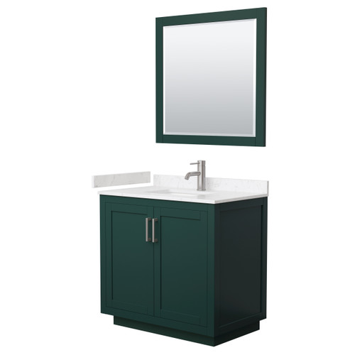 Wyndham WCF292936SGEC2UNSM34 Miranda 36 Inch Single Bathroom Vanity in Green, Carrara Cultured Marble Countertop, Undermount Square Sink, Brushed Nickel Trim, 34 Inch Mirror