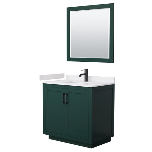 Wyndham WCF292936SGKWCUNSM34 Miranda 36 Inch Single Bathroom Vanity in Green, White Cultured Marble Countertop, Undermount Square Sink, Matte Black Trim, 34 Inch Mirror